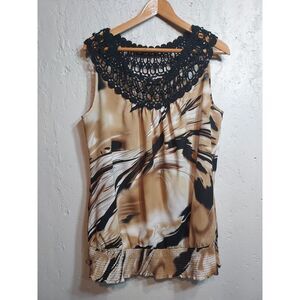 Sioni‎ Sleeveless Tank Blouse Beaded Scoop Embroidered  Brown Black Swirl XL